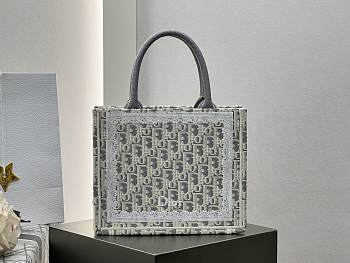 Small Dior Book Tote with Strap Latte and Gray Dior Oblique Embroidery and White Lace - 26.5x22x14cm