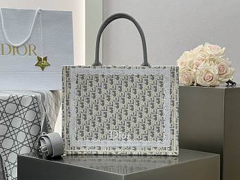 Medium Dior Book Tote with Strap Latte and Gray Dior Oblique Embroidery and White Lace - 36x27.5x16.5 cm