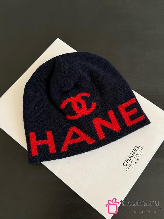 Chanel Cashmere-Wool Blend CC Knit Beanie Navy/Red - 1