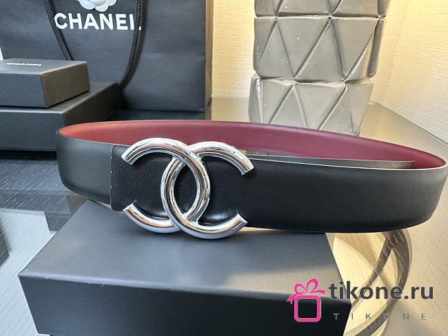 Chanel Leather Belt Calfskin & Metal Black, Burgundy & Silver A73462 - 1