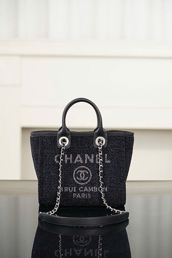 Chanel Mini Shopping Bag Canvas & Silver-Tone Metal Black - 19.5x17x9cm