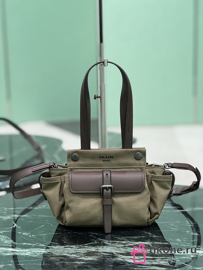 Prada Route Mini Canvas And Leather Tote Bag Forest Green 1BG699 - 18x17.5x12cm - 1