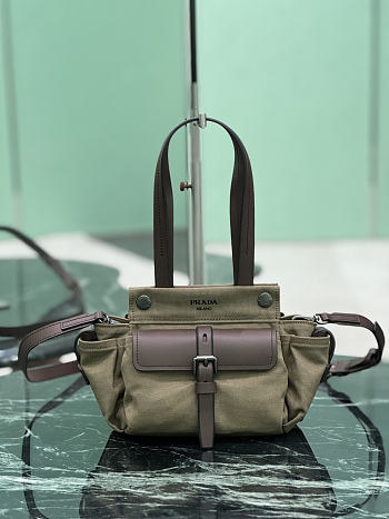 Prada Route Mini Canvas And Leather Tote Bag Forest Green 1BG699 - 18x17.5x12cm
