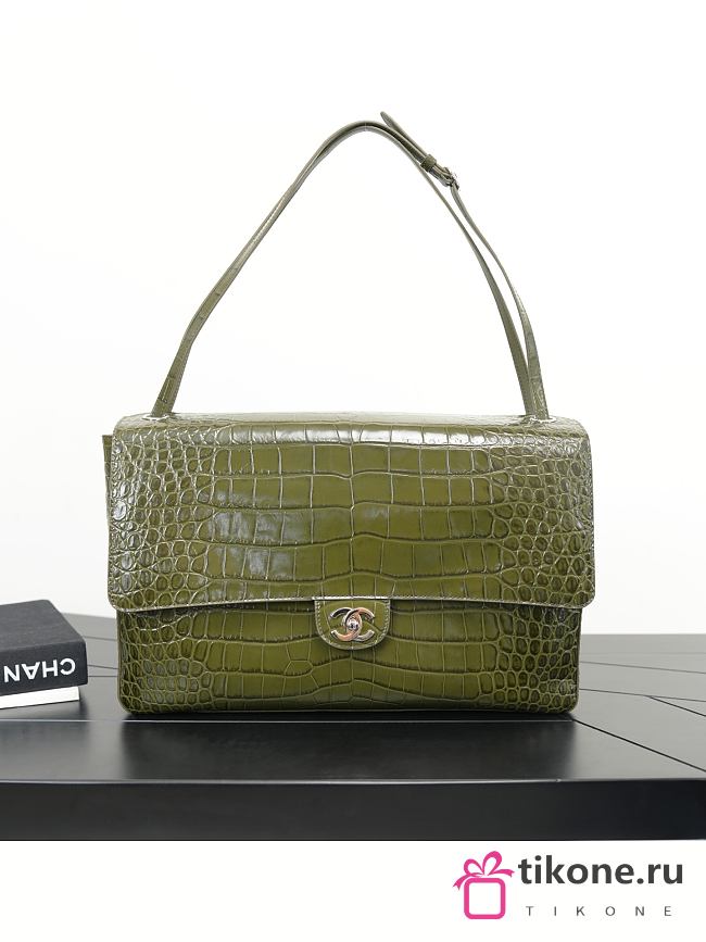 Chanel Maxi Flap Bag Crocodile Embossed Calfskin & Silver-Tone Metal Khaki AS6233 - 38.5x26x11cm - 1