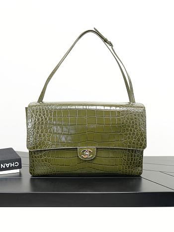Chanel Maxi Flap Bag Crocodile Embossed Calfskin & Silver-Tone Metal Khaki AS6233 - 38.5x26x11cm