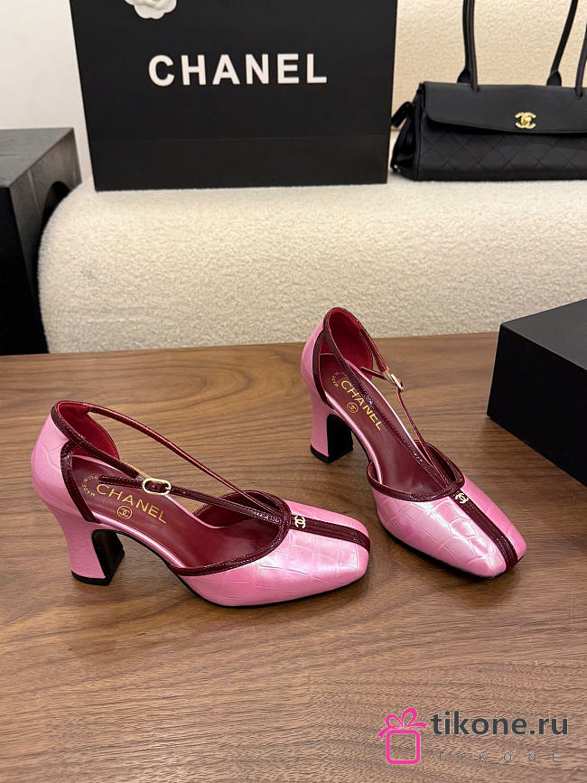 Chanel Mary Janes Crocodile Embossed Calfskin & Patent Calfskin Light Pink & Dark Burgundy 85mm G47612  - 1