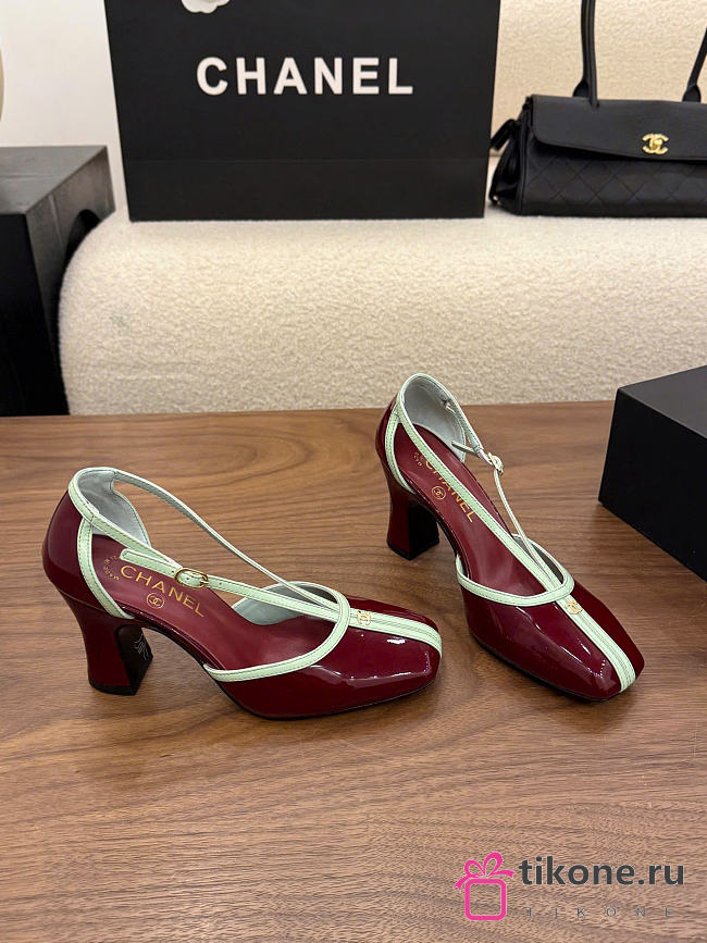 Chanel Mary Janes Patent Calfskin Dark Burgundy & Light Green 85mm G47612 - 1
