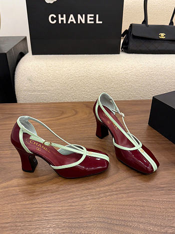 Chanel Mary Janes Patent Calfskin Dark Burgundy & Light Green 85mm G47612