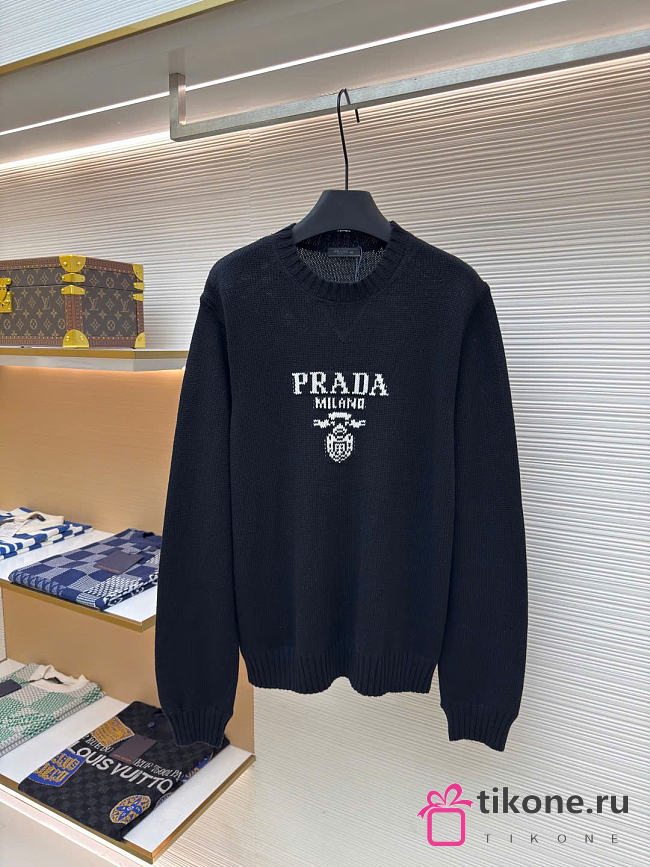 Prada Intarsia-Logo Wool-Cashmere Crew-Neck Sweater Black - 1