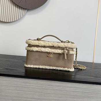 Chanel Top Handle Long Vanity Case with Chain Suede & Shearling Gold Tone Black - 26.5x13x5cm