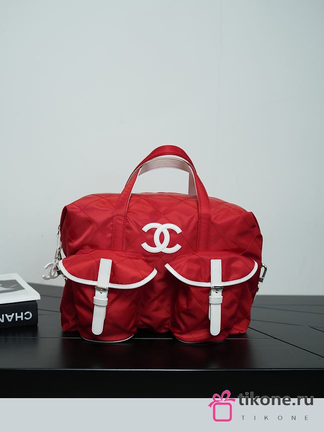 Chanel Large Bowling Bag Nylon, Calfskin & Silver-Tone Metal Red & White AS6455 - 35x22x17cm - 1