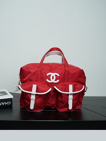 Chanel Large Bowling Bag Nylon, Calfskin & Silver-Tone Metal Red & White AS6455 - 35x22x17cm