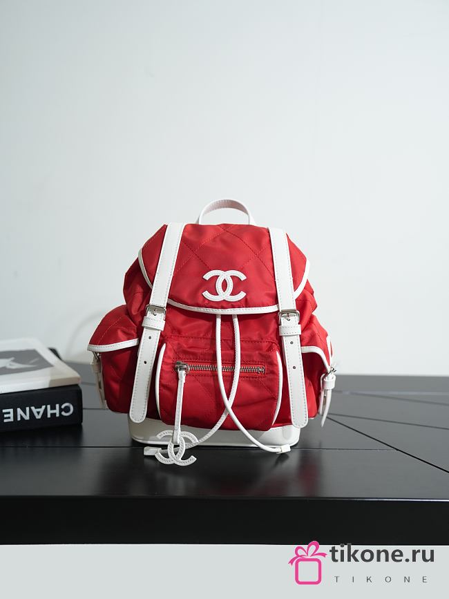 Chanel Large Backpack Nylon, Calfskin & Silver-Tone Metal Red & White AS6329 - 30x26x11cm - 1
