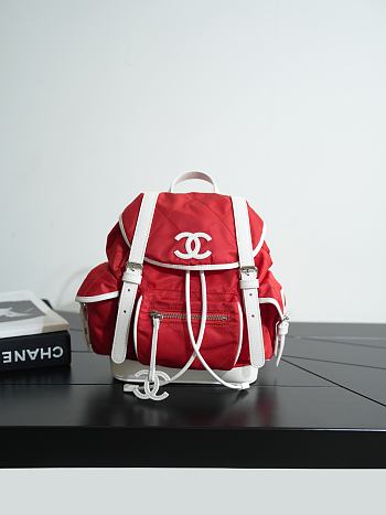 Chanel Large Backpack Nylon, Calfskin & Silver-Tone Metal Red & White AS6329 - 30x26x11cm