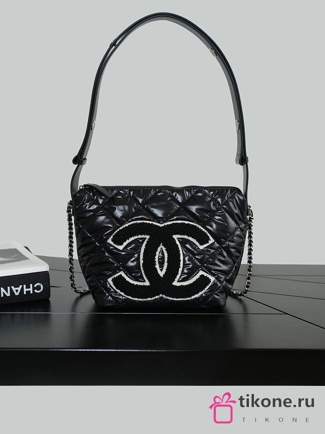 Chanel Mini Hobo Bag Nylon, Wool & Silver-Tone Metal Black & Ecru  - 1