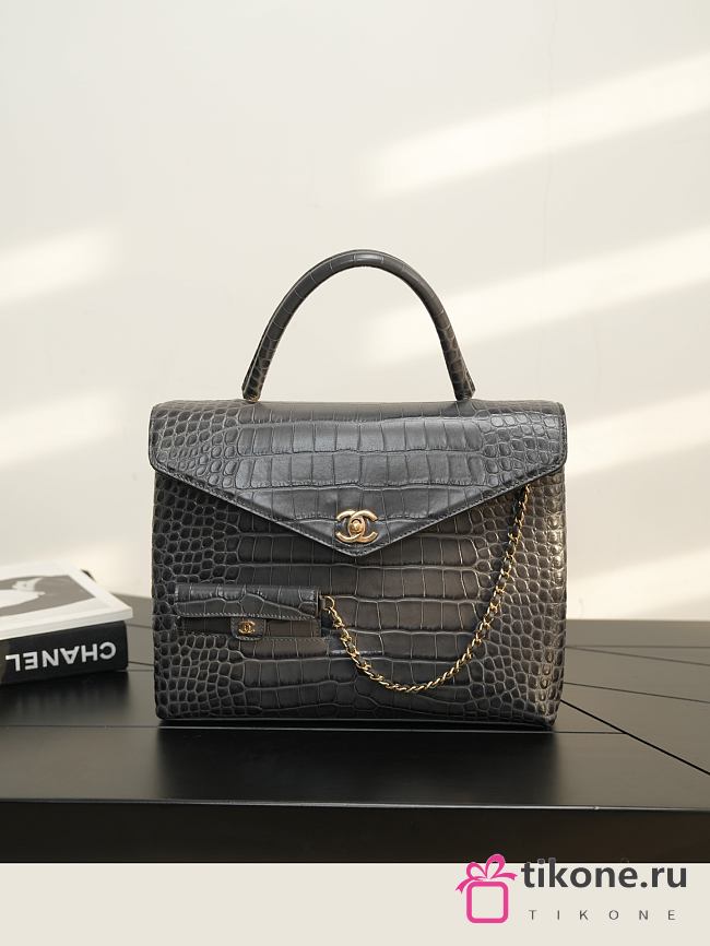 Chanel Maxi Flap Bag with Top Handle Crocodile Embossed Calfskin & Gold-Tone Metal Dark Gray AS6309 - 31x24x9cm - 1