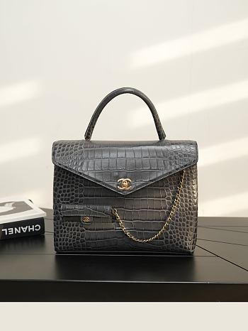 Chanel Maxi Flap Bag with Top Handle Crocodile Embossed Calfskin & Gold-Tone Metal Dark Gray AS6309 - 31x24x9cm