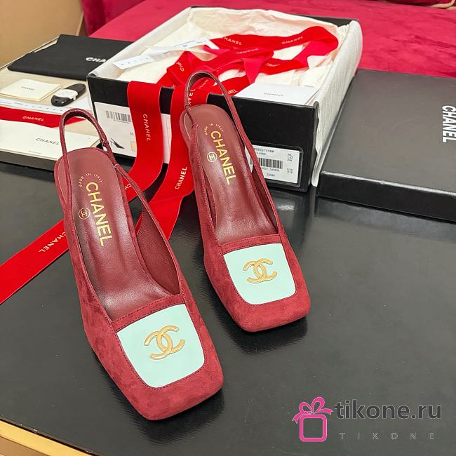 Chanel Slingbacks Suede Kidskin & Patent Calfskin Dark Burgundy & Light Green 90mm G47597 - 1