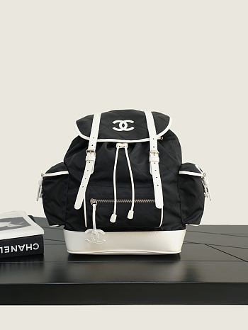 Chanel Large Backpack Nylon, Calfskin & Silver-Tone Metal Black & White AS6329 - 30x26x11cm