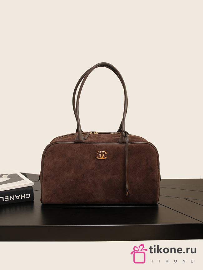 Chanel Large Bowling Bag Suede Calfskin, Calfskin & Gold-Tone Metal Dark Brown - 35.5x19x12.5cm - 1